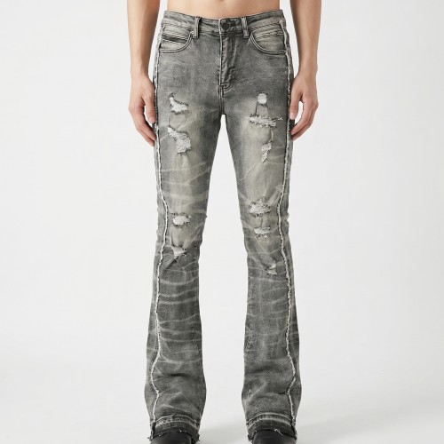 Custom Stacked Flare Jeans with Heavy Distressing & Tie-Dye