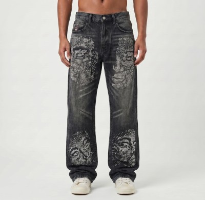 Black Wide-Leg Jeans with Rhinestone Face Graphics