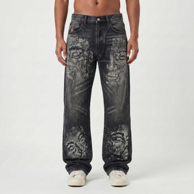 Black Wide-Leg Jeans with Rhinestone Face Graphics