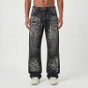 Black Wide-Leg Jeans with Rhinestone Face Graphics