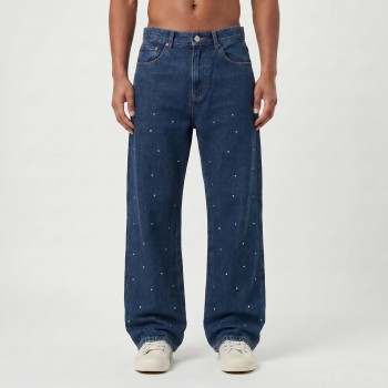 Custom Pearl-Studded Dark Denim Jeans for Premium Boutique Collections