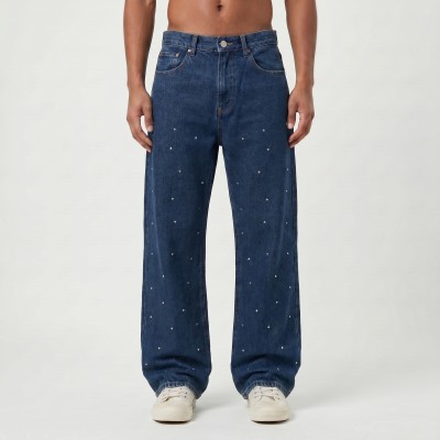 Custom Pearl-Studded Dark Denim Jeans for Premium Boutique Collections