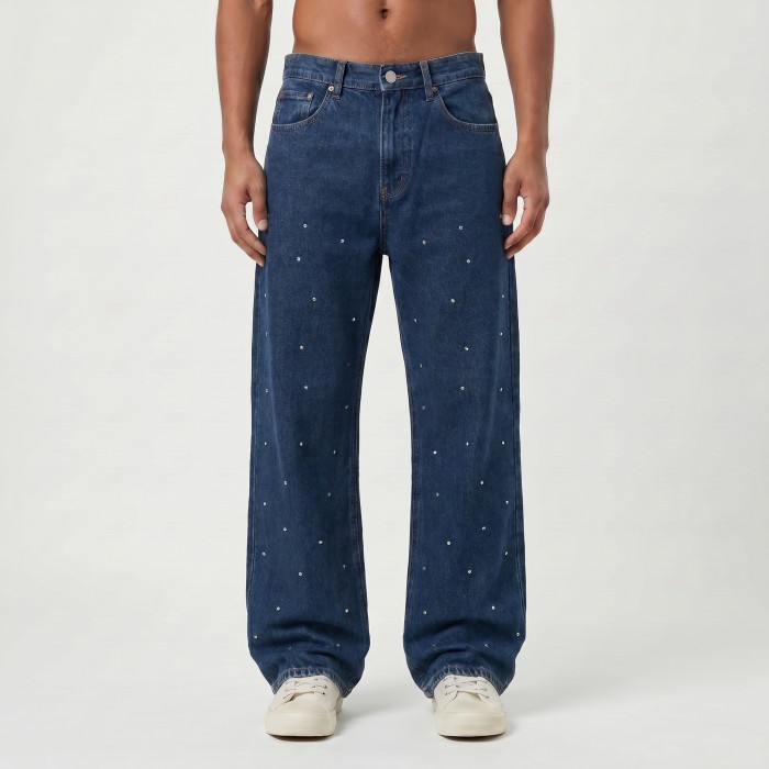 Custom Pearl-Studded Dark Denim Jeans for Premium Boutique Collections