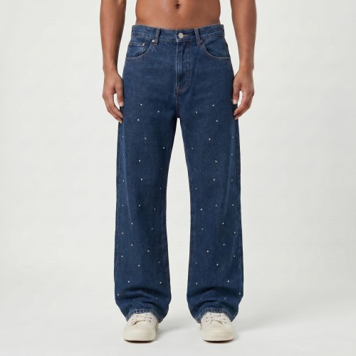 Custom Pearl-Studded Dark Denim Jeans for Premium Boutique Collections
