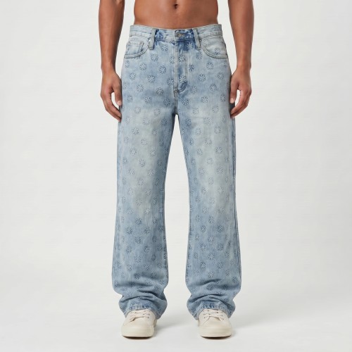 Custom Embossed Floral Wide-Leg Jeans for Boutique & Designer Collections