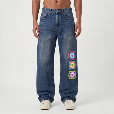 Vintage Patchwork Denim Jeans – Colorful Crochet Detail