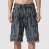 Custom Feather Textured Fringe Denim Shorts