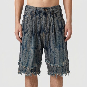 Custom Feather Textured Fringe Denim Shorts