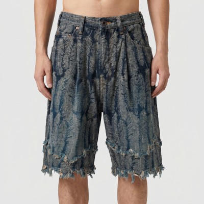 Custom Feather Textured Fringe Denim Shorts