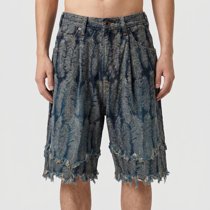 Custom Feather Textured Fringe Denim Shorts