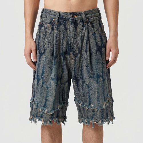 Custom Feather Textured Fringe Denim Shorts