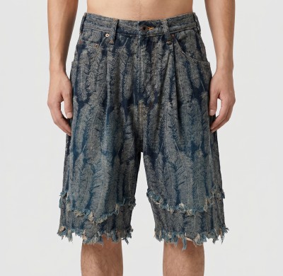 Custom Feather Textured Fringe Denim Shorts