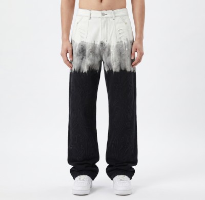 Dip-Dye Wide Leg Jeans with Embossed Floral Pattern
