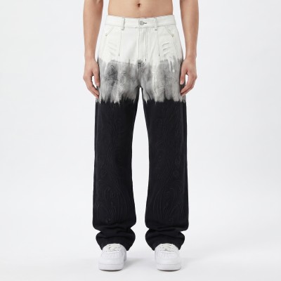 Dip-Dye Wide Leg Jeans with Embossed Floral Pattern