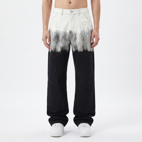 Dip-Dye Wide Leg Jeans with Embossed Floral Pattern