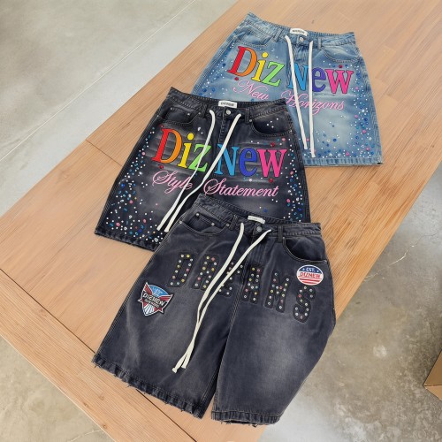 Custom Rhinestone Logo Denim Shorts for Streetwear Brands Premium Embroidered Baggy Jean Shorts