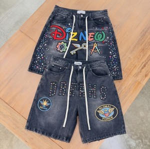 Custom Rhinestone Logo Denim Shorts for Streetwear Brands Premium Embroidered Baggy Jean Shorts