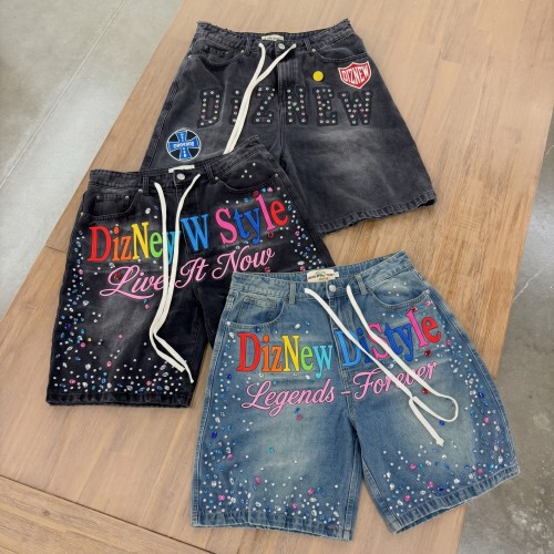 Custom Rhinestone Logo Denim Shorts for Streetwear Brands Premium Embroidered Baggy Jean Shorts