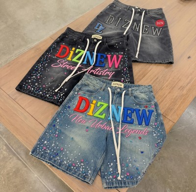 Custom Rhinestone Logo Denim Shorts for Streetwear Brands Premium Embroidered Baggy Jean Shorts