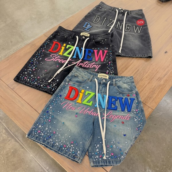 Custom Rhinestone Logo Denim Shorts for Streetwear Brands Premium Embroidered Baggy Jean Shorts