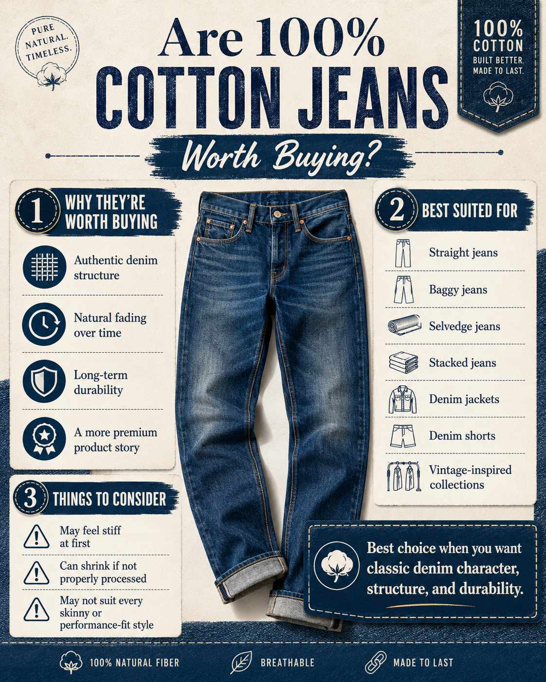 100% cotton jeans are worth buying when you want authentic denim structure, natural fading, long-term durability, and a more premium product story. They are especially suitable for straight jeans, baggy jeans, selvedge jeans, stacked jeans, denim jackets, denim shorts, and vintage-inspired collections. However, they may feel stiff at first, can shrink if not properly processed, and may not suit every skinny or performance-fit style.