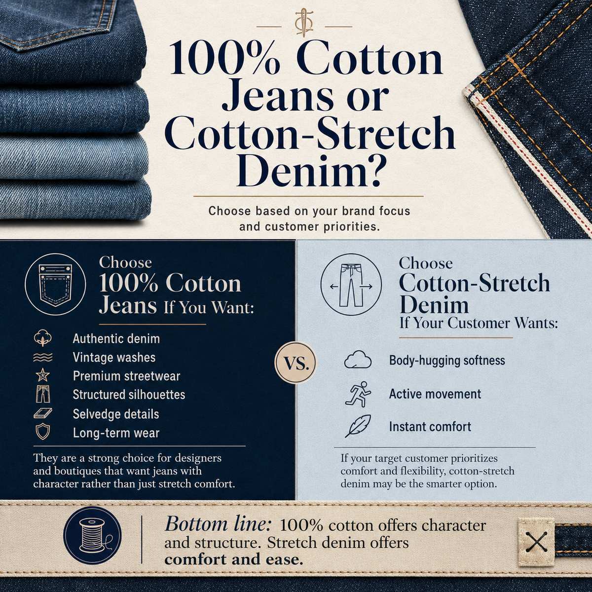 You should get 100% cotton jeans if your collection focuses on authentic denim, vintage washes, premium streetwear, structured silhouettes, selvedge details, or long-term wear. They are a strong choice for designers and boutiques that want jeans with character rather than just stretch comfort. However, if your target customer prioritizes body-hugging softness, active movement, or instant comfort, cotton-stretch denim may be a smarter option.