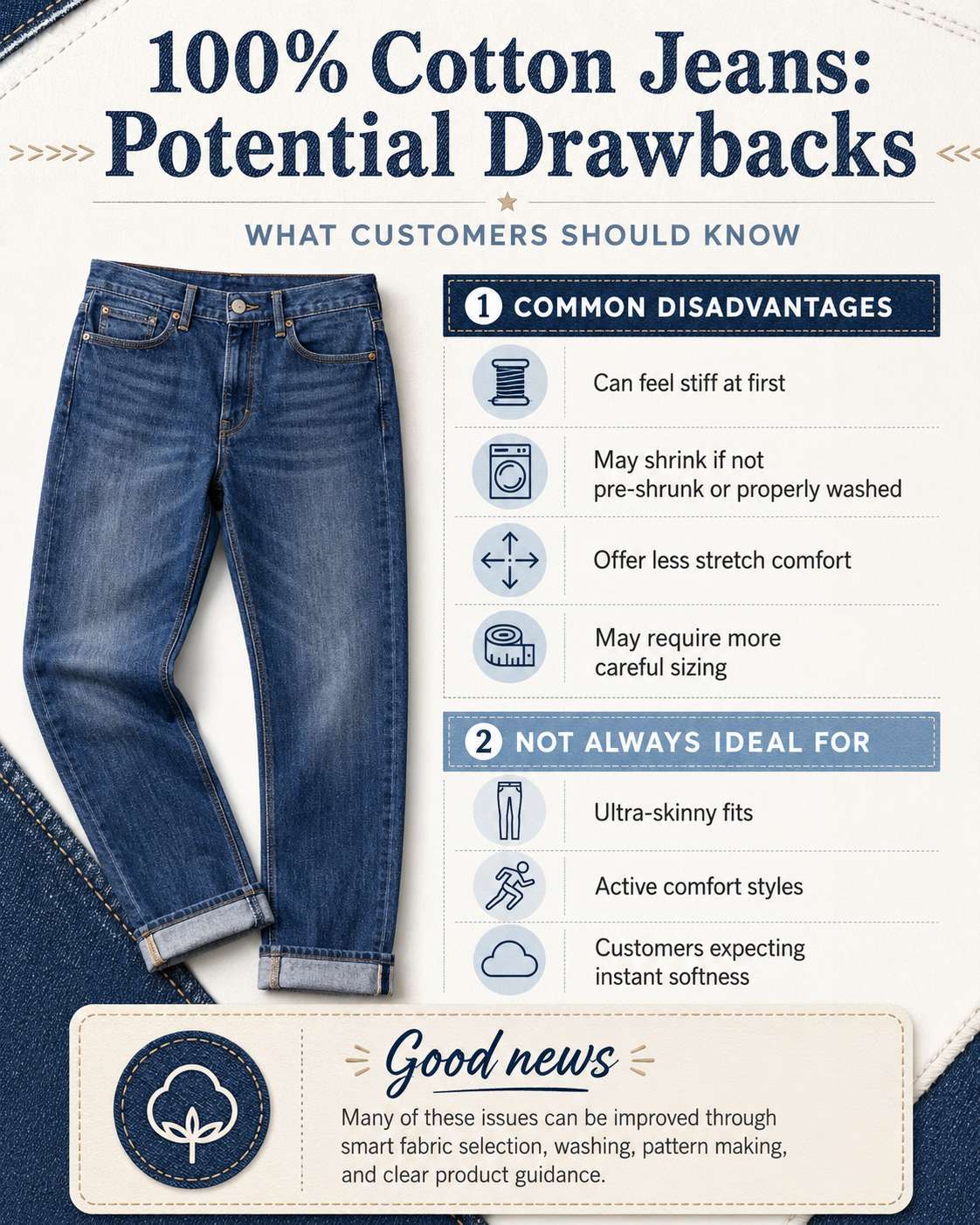 The disadvantages of 100% cotton jeans are that they can feel stiff at first, may shrink if not pre-shrunk or properly washed, offer less stretch comfort, and may require more careful sizing. They are not always the best choice for ultra-skinny fits, active comfort styles, or customers who expect instant softness. However, many of these issues can be solved through fabric selection, washing, pattern making, and clear product guidance.