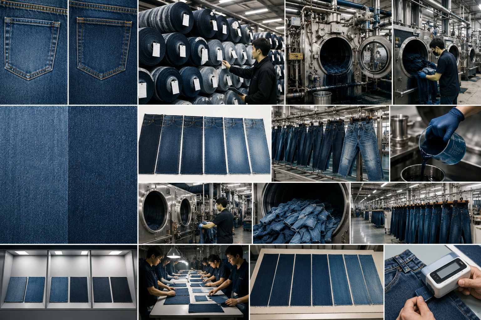 Denim color difference between sample and bulk happens because indigo dye lots, fabric rolls, washing conditions, garment size, machine load, chemical ratio, drying temperature, and lighting can all shift the final shade. A professional denim factory controls this risk through fabric lot sorting, wash panels, PP samples, shade bands, bulk testing, and clear color tolerance before mass production.