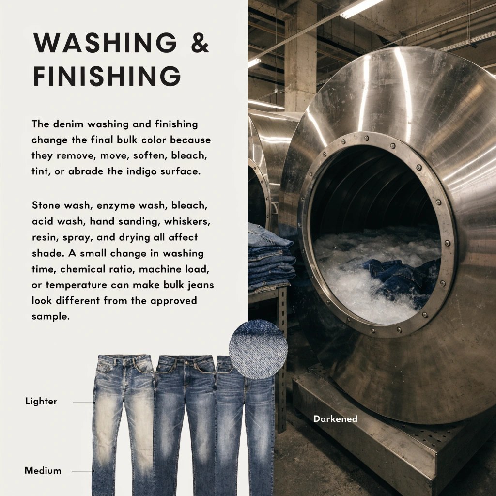 Denim washing and finishing change the final bulk color because they remove, move, soften, bleach, tint, or abrade the indigo surface. Stone wash, enzyme wash, bleach, acid wash, hand sanding, whiskers, resin, spray, and drying all affect shade. A small change in washing time, chemical ratio, machine load, or temperature can make bulk jeans look different from the approved sample.