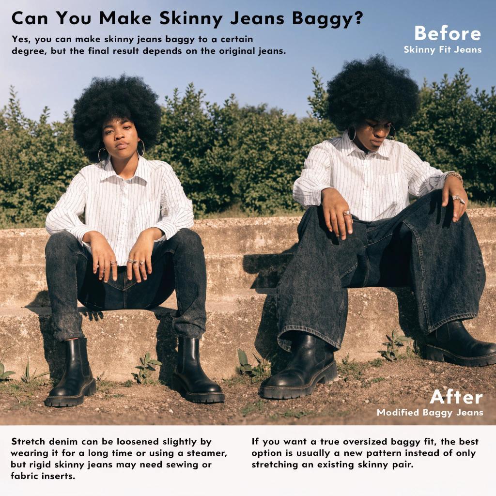 Yes, you can make skinny jeans baggy to a certain degree, but the final result depends on the original jeans. Stretch denim can be loosened slightly, while rigid skinny jeans may need sewing or fabric inserts. If you want a true oversized baggy fit, the best option is usually a new pattern instead of only stretching an existing skinny pair.