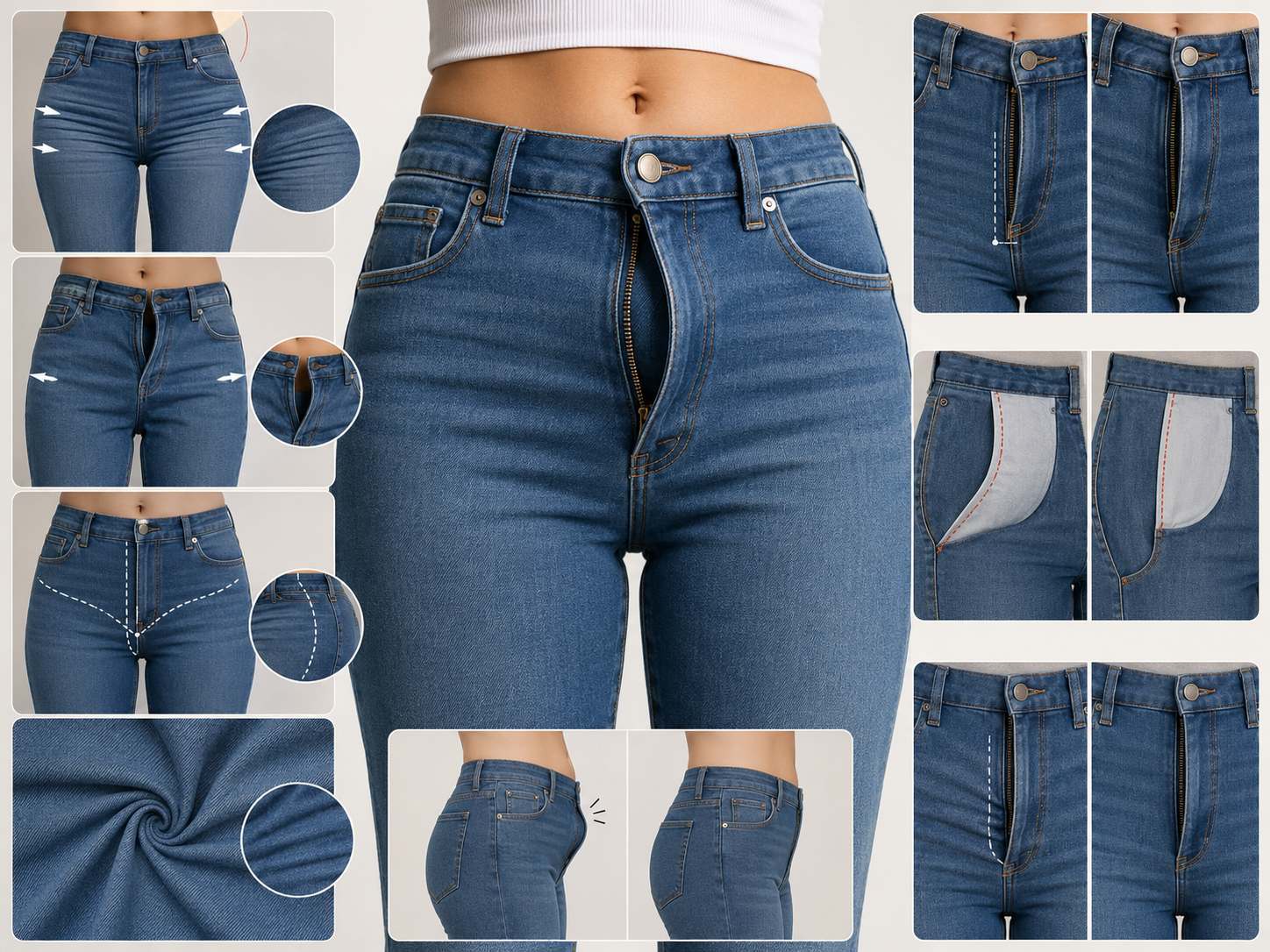 A jeans zipper bulges out when the fly area cannot lie flat against the body.