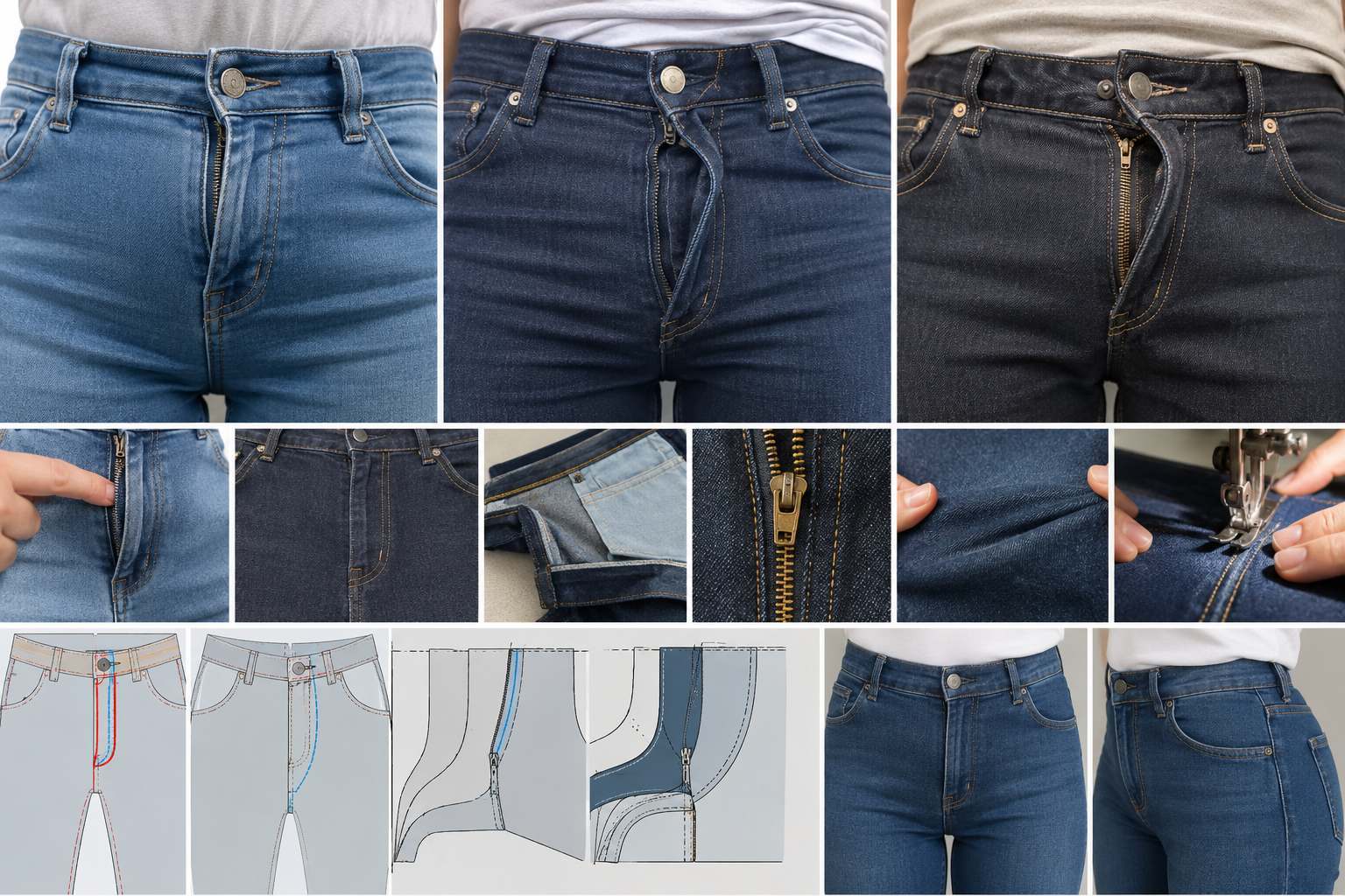 A zipper bulges out on jeans when the fly area is under uneven tension or lacks enough structure to stay flat.