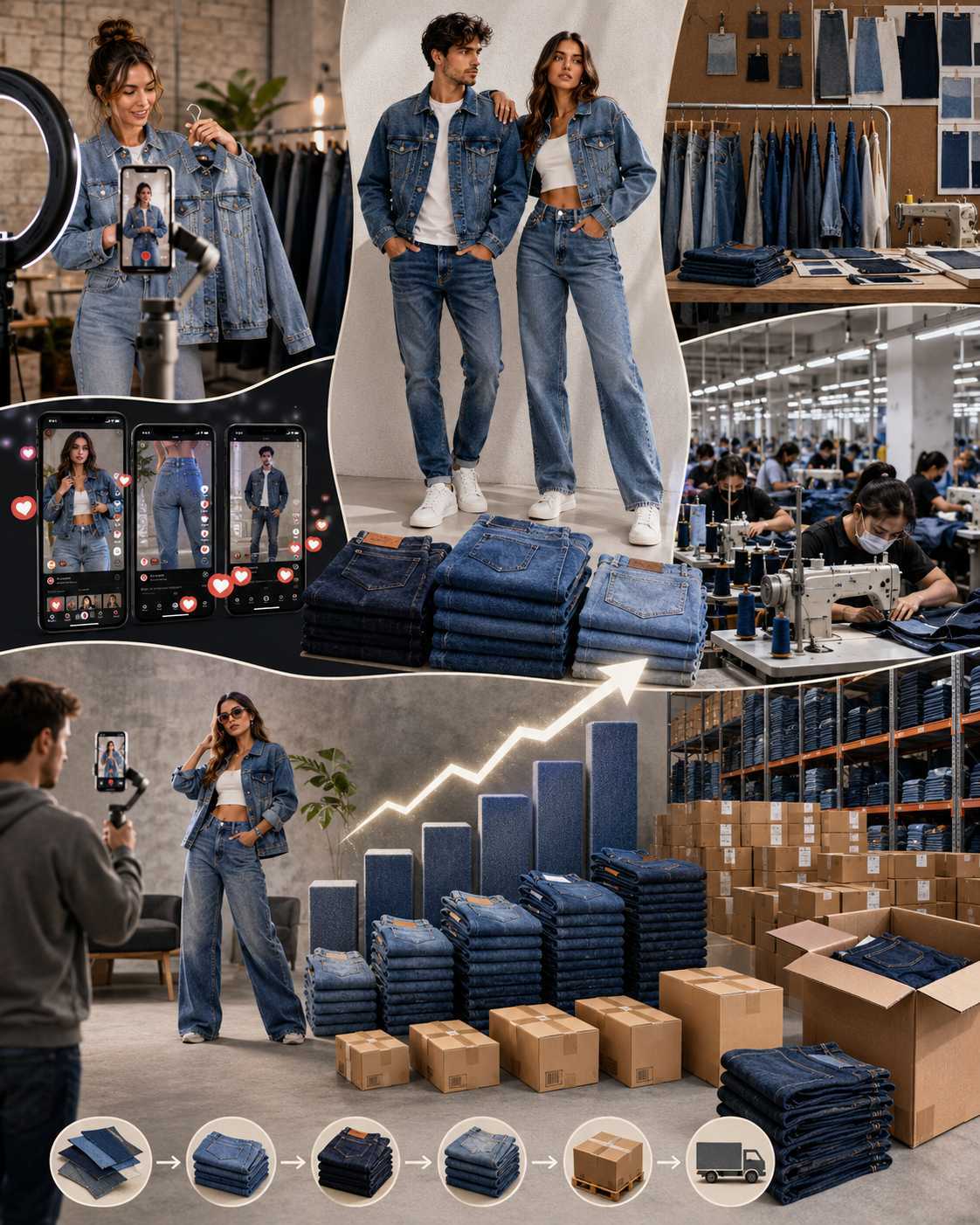 To market a denim business, use short-form video content, influencer collaborations, and social media platforms like Instagram and TikTok. Scaling requires tracking demand, increasing production gradually, and reinvesting profits. Successful brands move from small MOQ testing to bulk production once consistent sales patterns are proven.