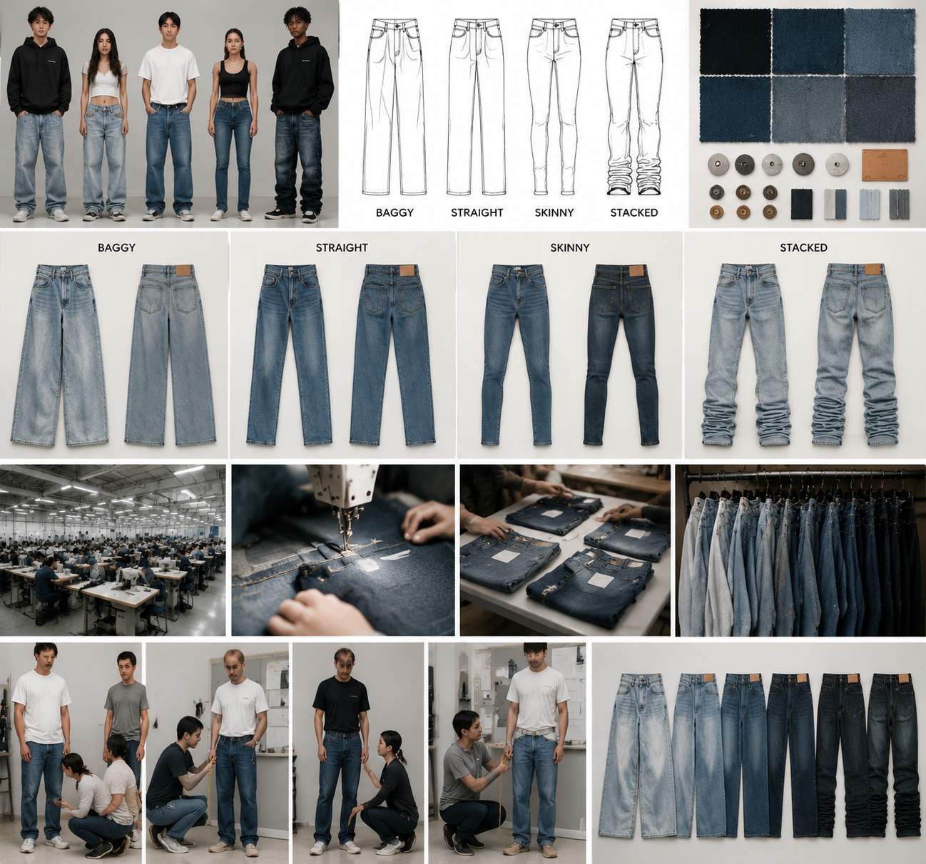 To design a denim jeans collection, start with a target customer, select core styles (baggy, straight, skinny, stacked), choose fabrics, and develop technical sketches. The design must be converted into samples through a manufacturer. Fit testing and revisions are critical before final production to ensure consistent sizing and comfort.