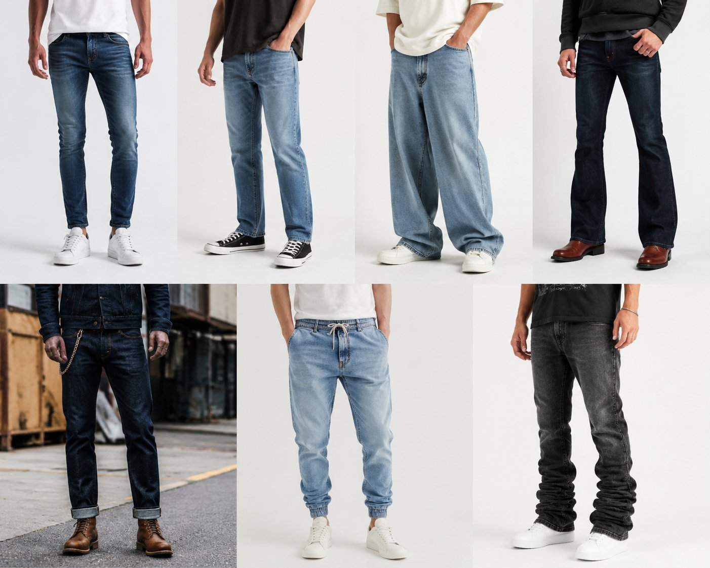 The most popular types of jeans include skinny jeans, straight jeans, baggy jeans, bootcut jeans, selvedge jeans, jogger jeans, and stacked jeans. These styles differ in fit, fabric construction, and finishing. Denim remains one of the most searched and purchased clothing categories globally due to its durability, versatility, and cultural influence.