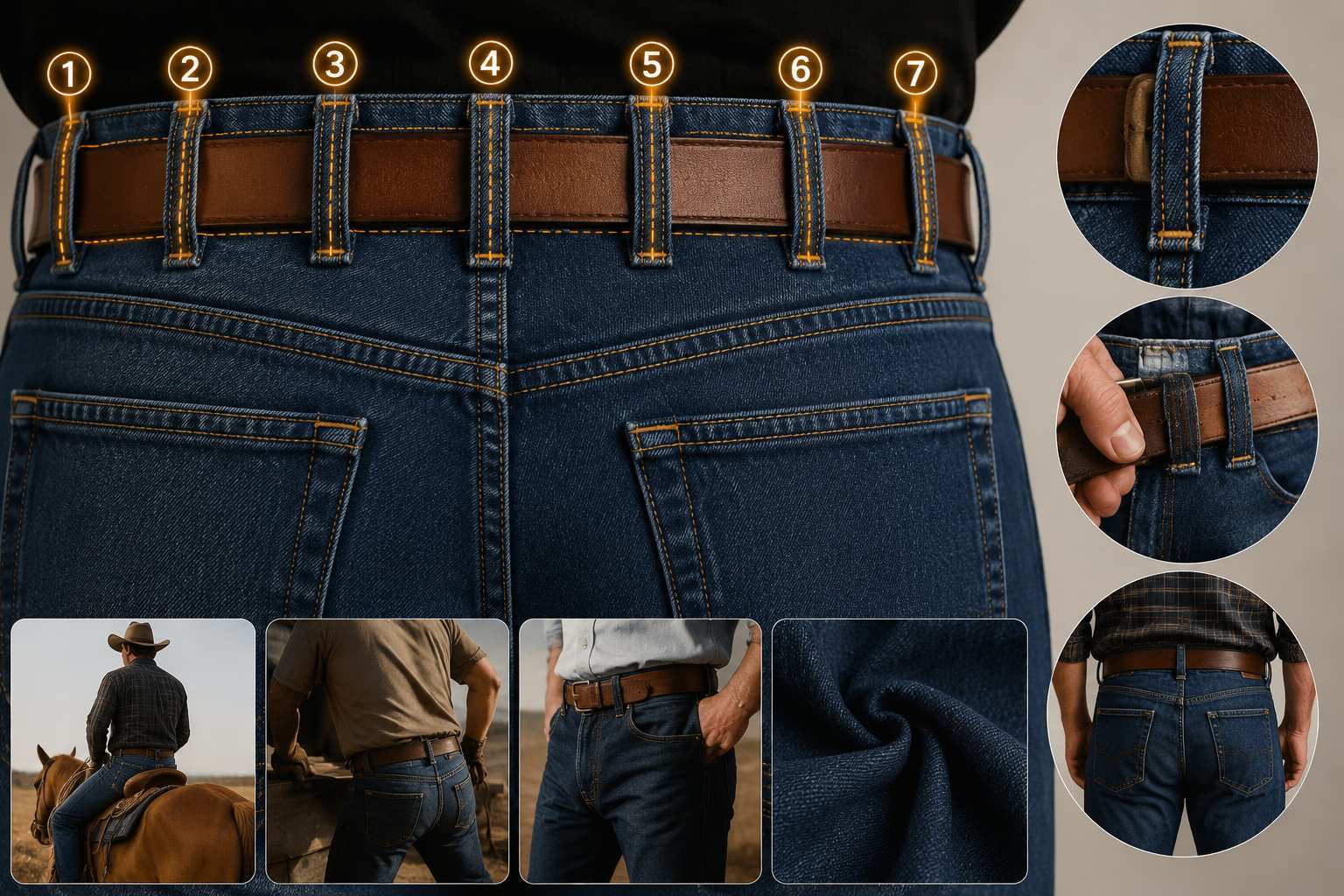 Jeans have 7 belt loops to spread belt pressure more evenly around the waistband, reduce belt shifting