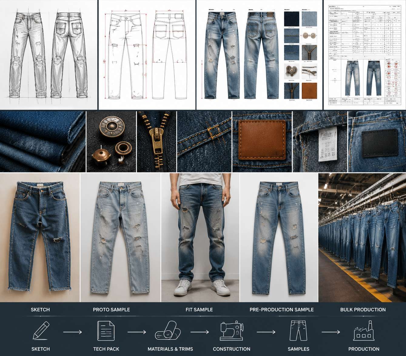 To turn a denim sketch into a production-ready sample, 
