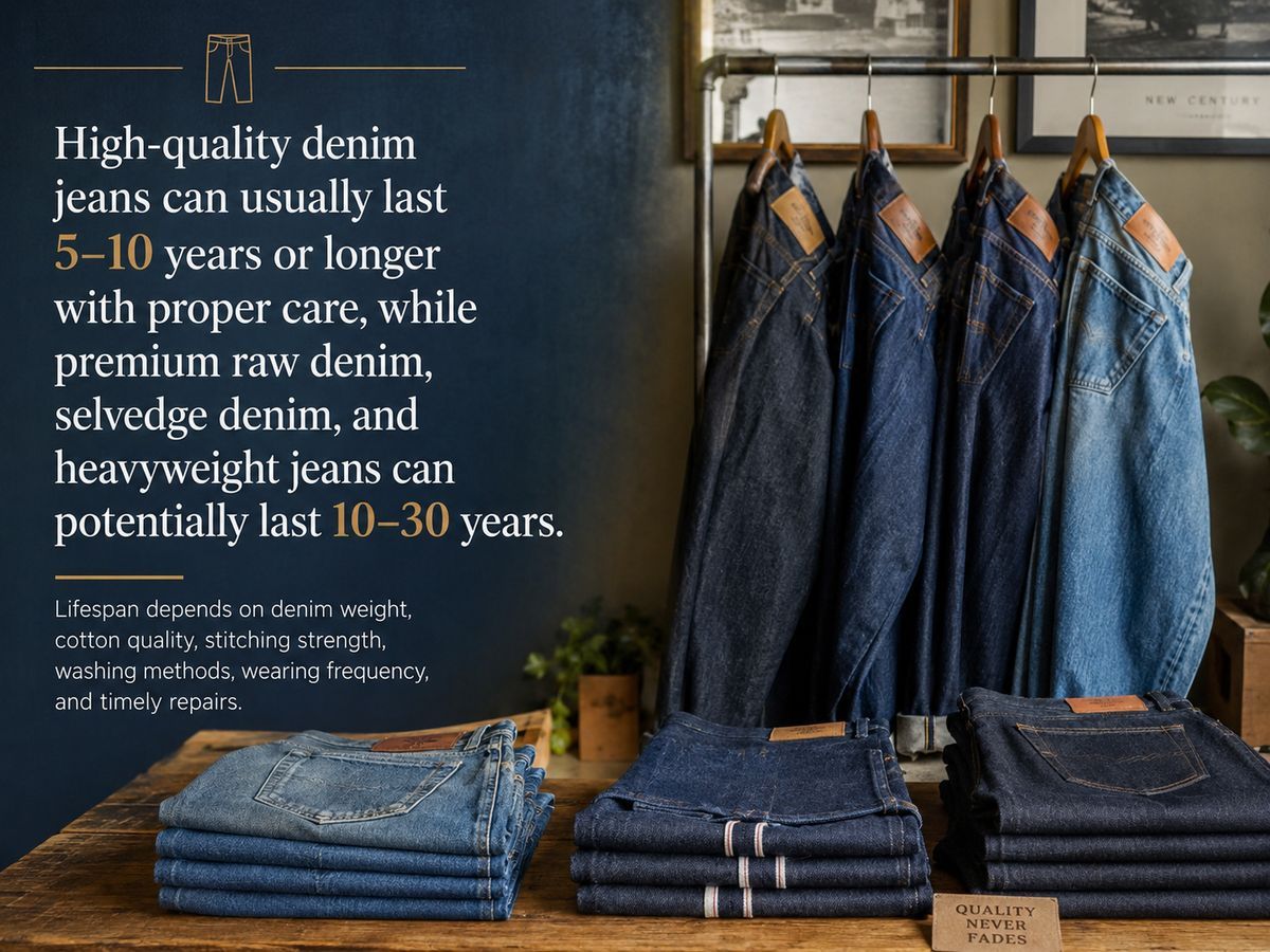 High-quality denim jeans can usually last 5–10 years or longer with proper care, while premium raw denim, selvedge denim, and heavyweight jeans can potentially last 10–30 years. Their lifespan depends on denim weight, cotton quality, stitching strength, washing methods, wearing frequency, and whether repairs are made when needed.