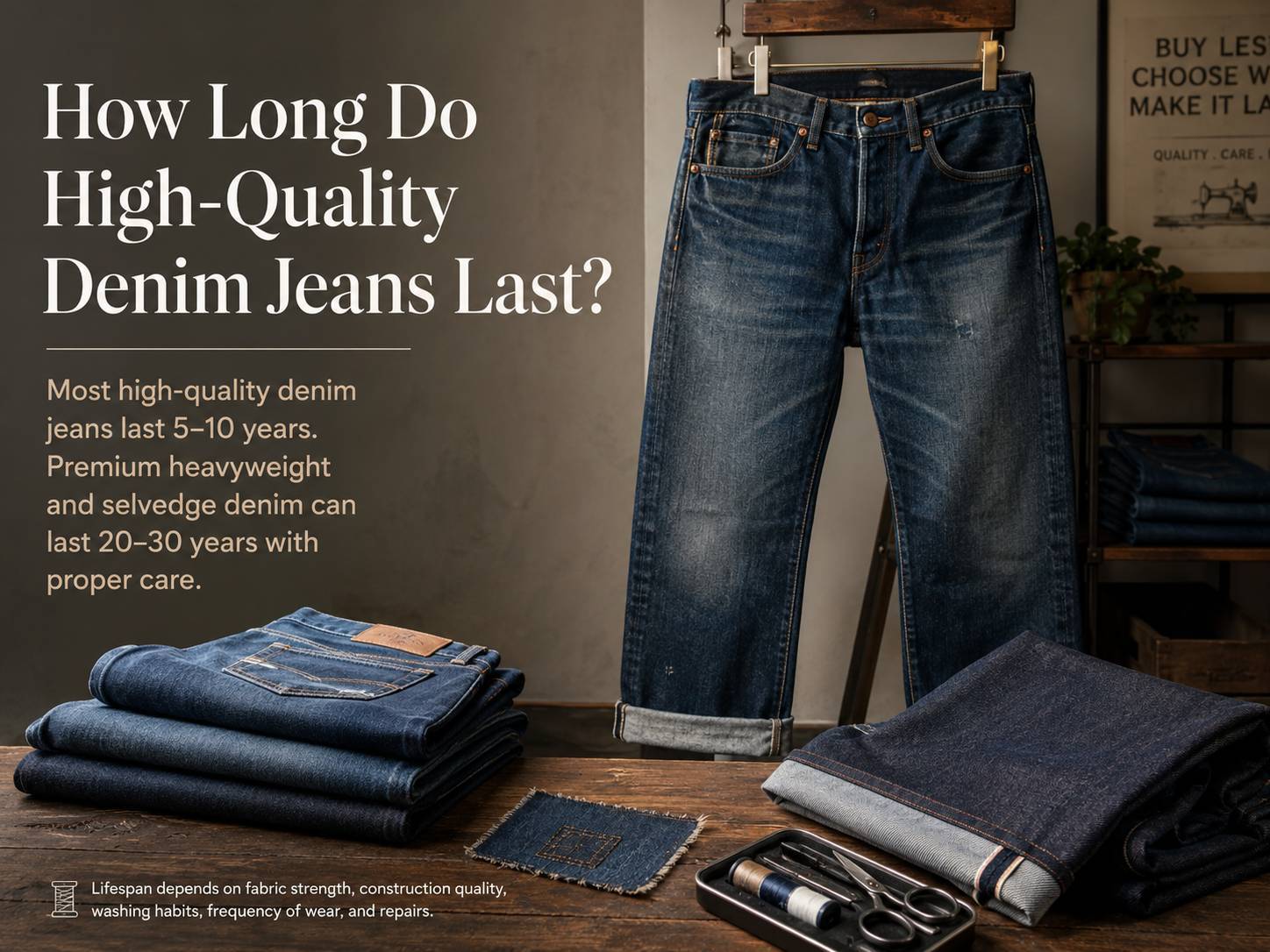 High-quality denim jeans typically last between 5 and 10 years, but premium heavyweight denim and selvedge jeans can last much longer — sometimes 20 to 30 years when properly maintained. The actual lifespan depends on fabric strength, construction quality, washing habits, frequency of wear, and repair practices.