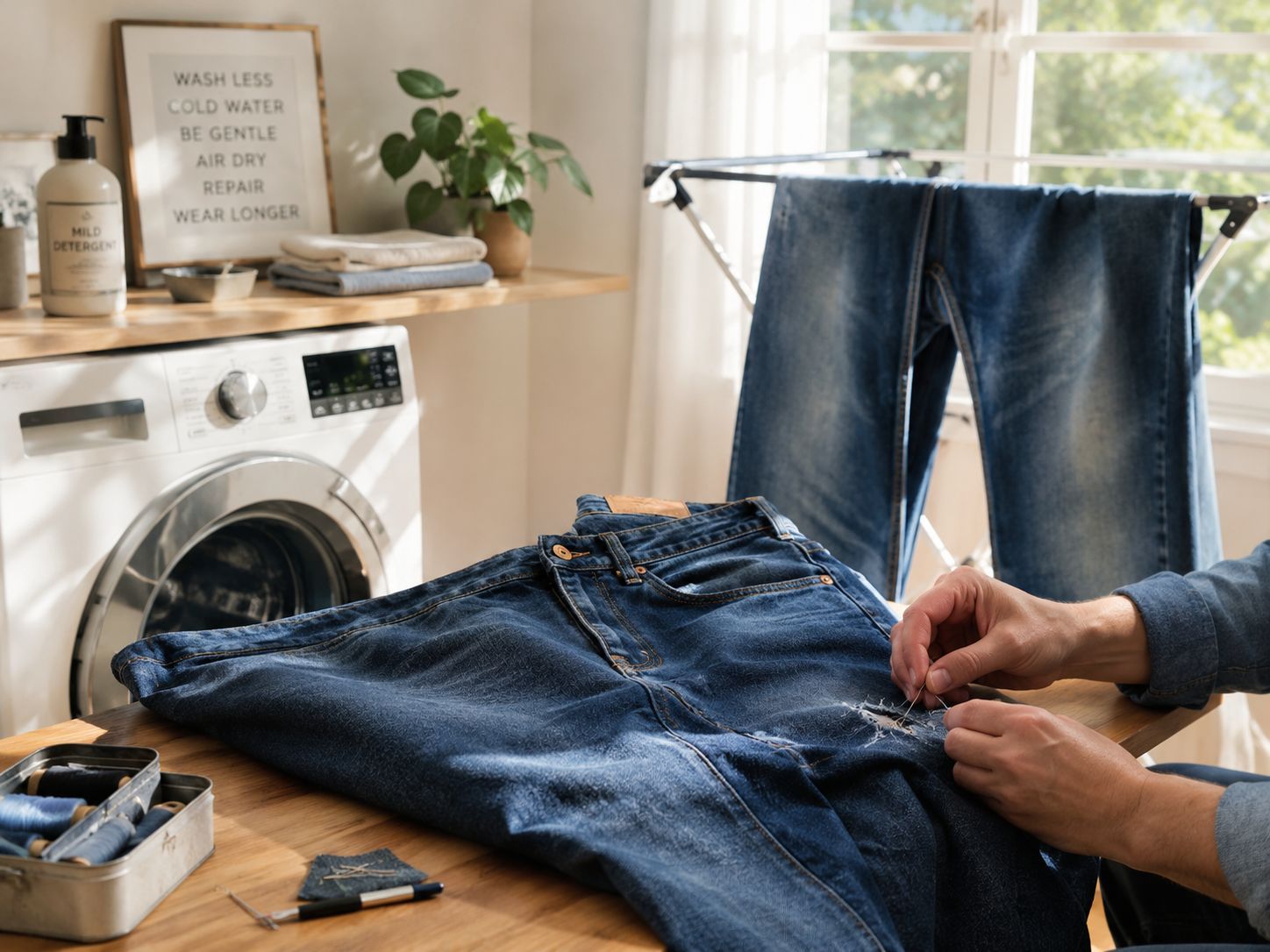 To extend the lifespan of denim jeans, wash them less frequently, use cold water, avoid harsh chemicals, air dry instead of using high heat, and repair small damages before they become major problems. Proper care can help premium denim maintain its color, shape, comfort, and strength for many years.