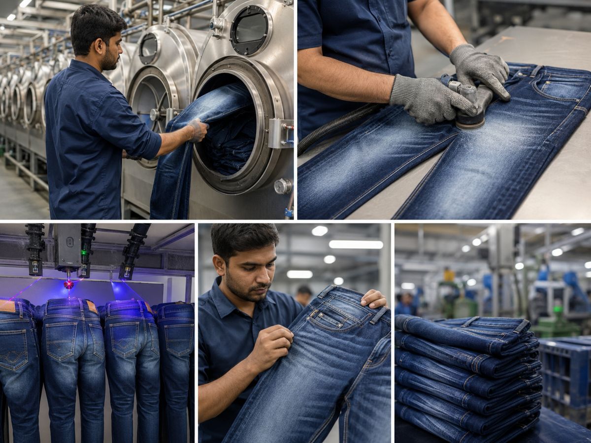 Professional denim factories use controlled washing techniques such as enzyme wash, stone wash, laser fading, PP spray, and hand sanding to create specific appearances while maintaining consistency. Unlike home washing, factory washing requires precise control of chemicals, temperature, timing, and quality inspection to ensure every pair matches the approved design.