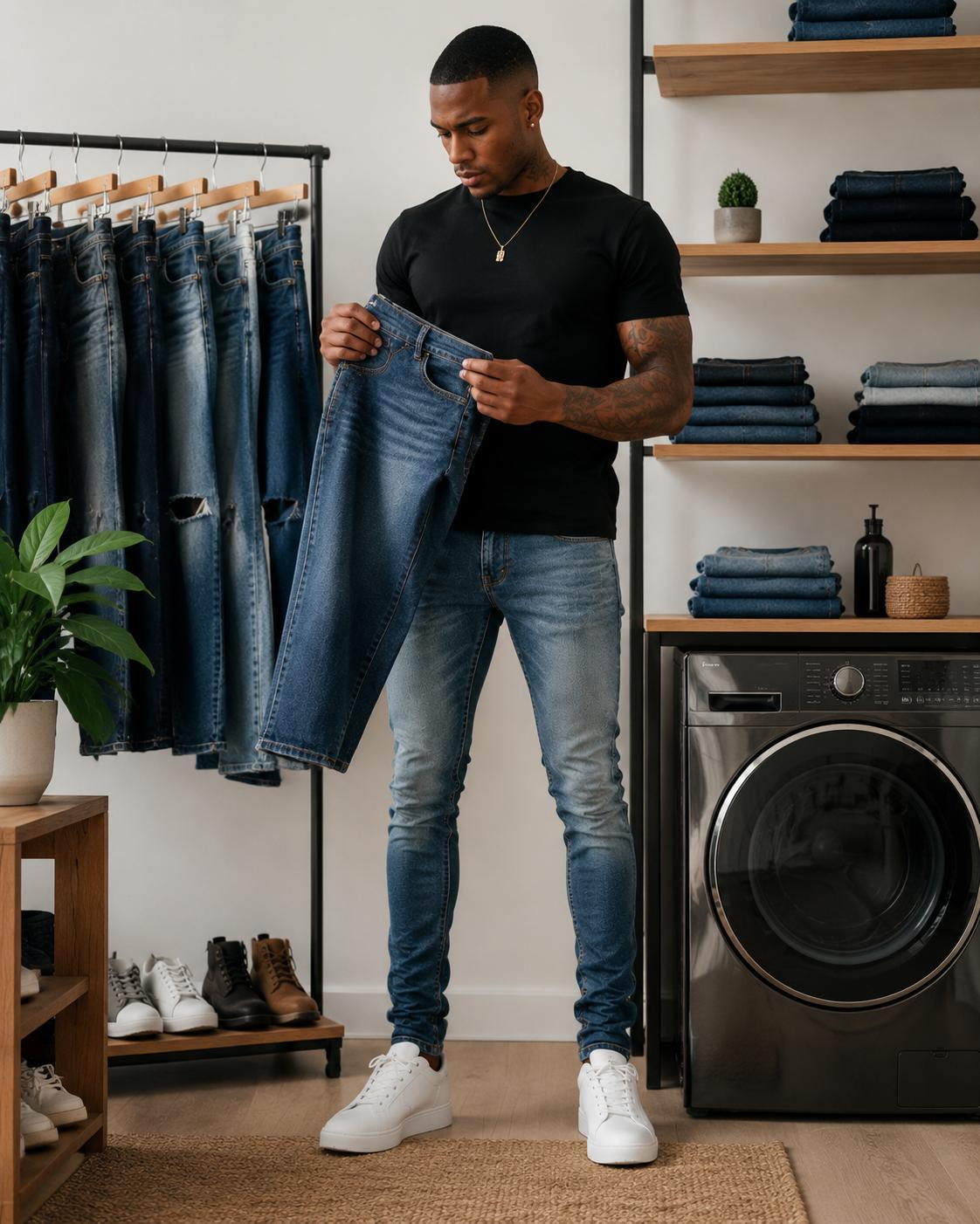 To stop jeans from bagging at the knees, choose denim with better recovery, 