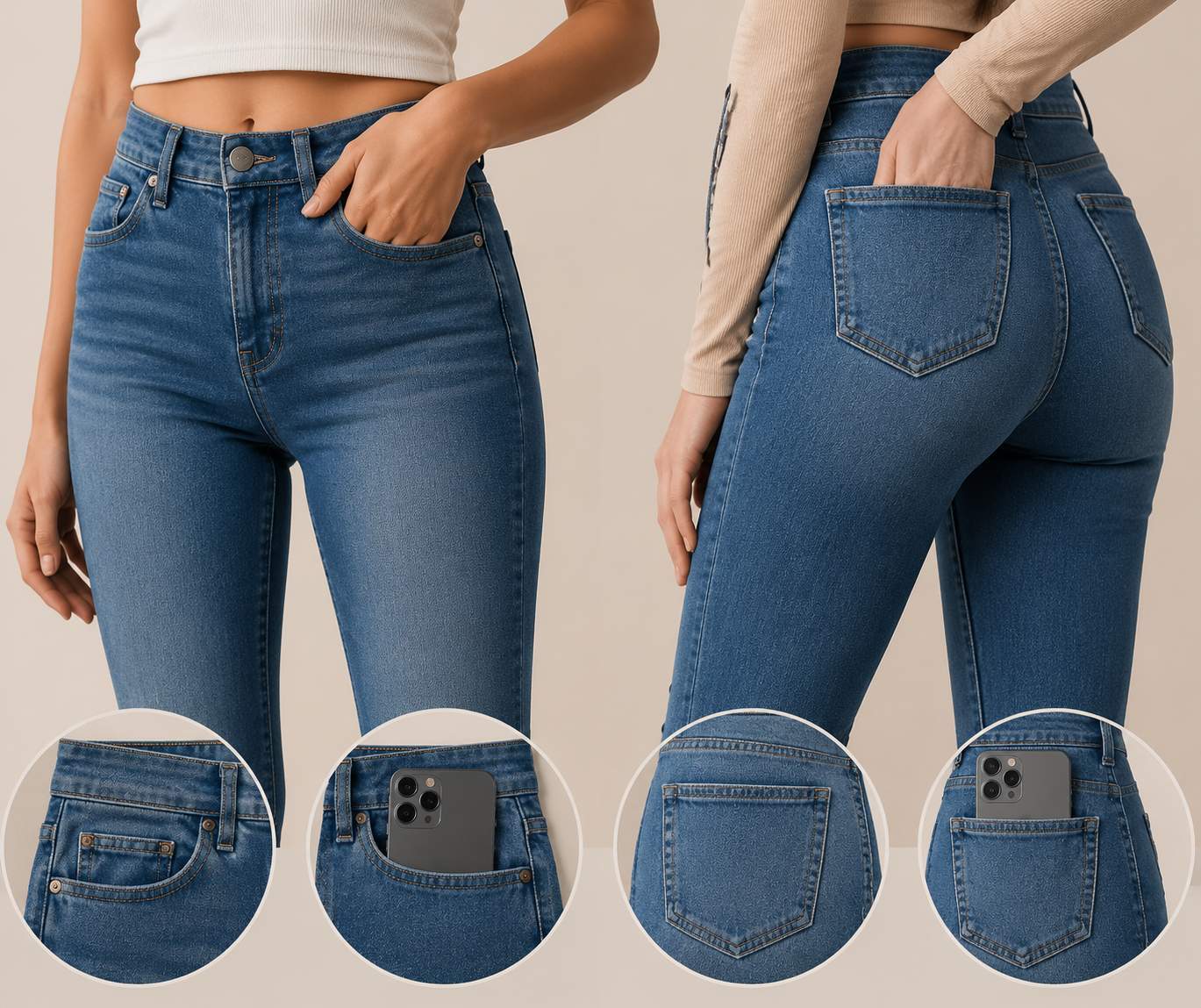 Skinny jeans bunch up at the knees because the knee is a high-movement area, and tight denim has limited space to flex. 