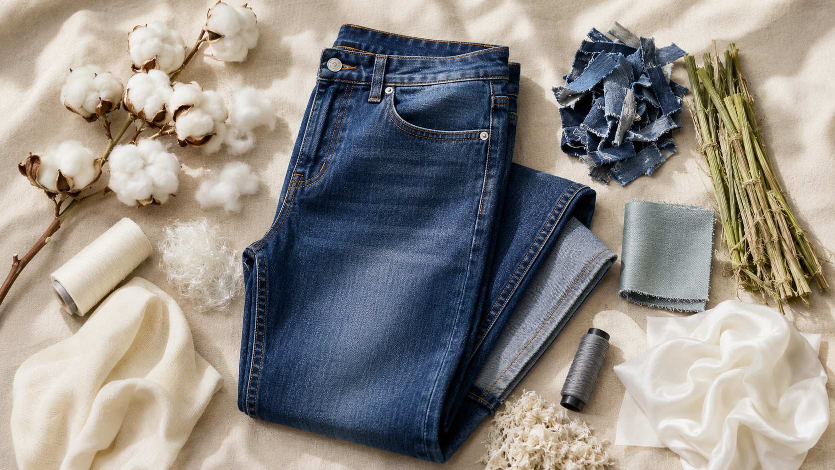 Jeans are mainly made from cotton fibre, which provides the classic strength, breathability, and authentic denim character consumers expect. Modern jeans may also contain elastane, polyester, recycled fibres, Tencel™ (lyocell), hemp, and viscose to improve stretch, durability, softness, and sustainability. The fibre combination determines the jeans’ comfort, appearance, washing effect, and long-term performance.