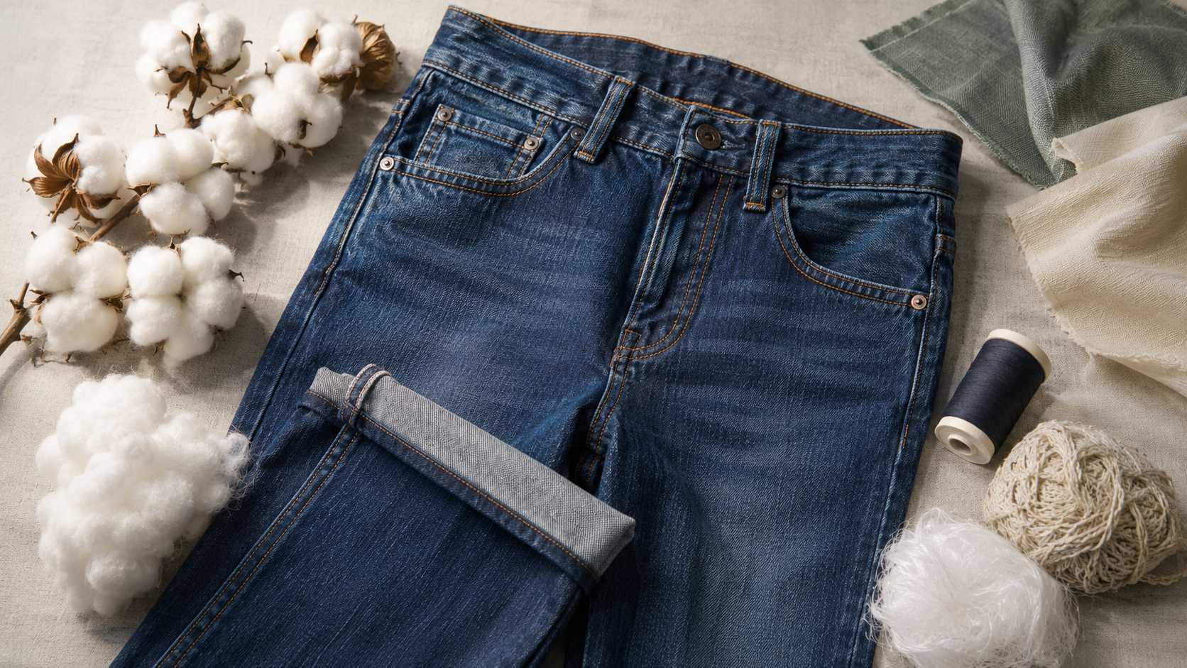 The most common fibre used in jeans is cotton. Cotton is the foundation of traditional denim because it provides strength, breathability, durability, and the natural texture that creates the classic jeans experience. Modern denim may combine cotton with other fibres such as elastane, polyester, or sustainable fibres to improve comfort, stretch, performance, and environmental value.