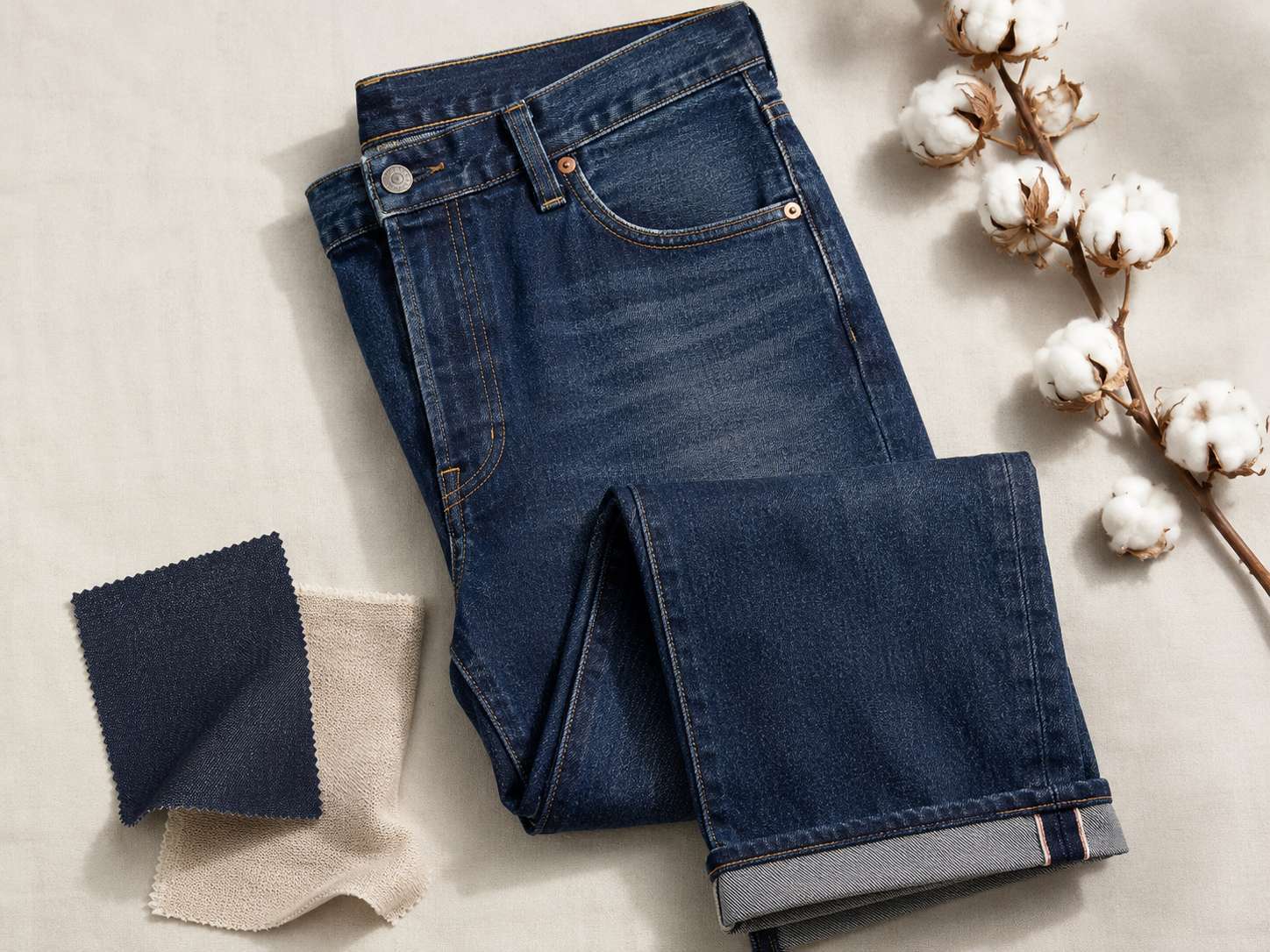 Levi’s jeans are mainly made from cotton, but the exact material composition depends on the specific style and collection. Classic models such as the 501 are traditionally associated with cotton denim, while modern collections may include elastane or other fibres to improve comfort, flexibility, and sustainability.