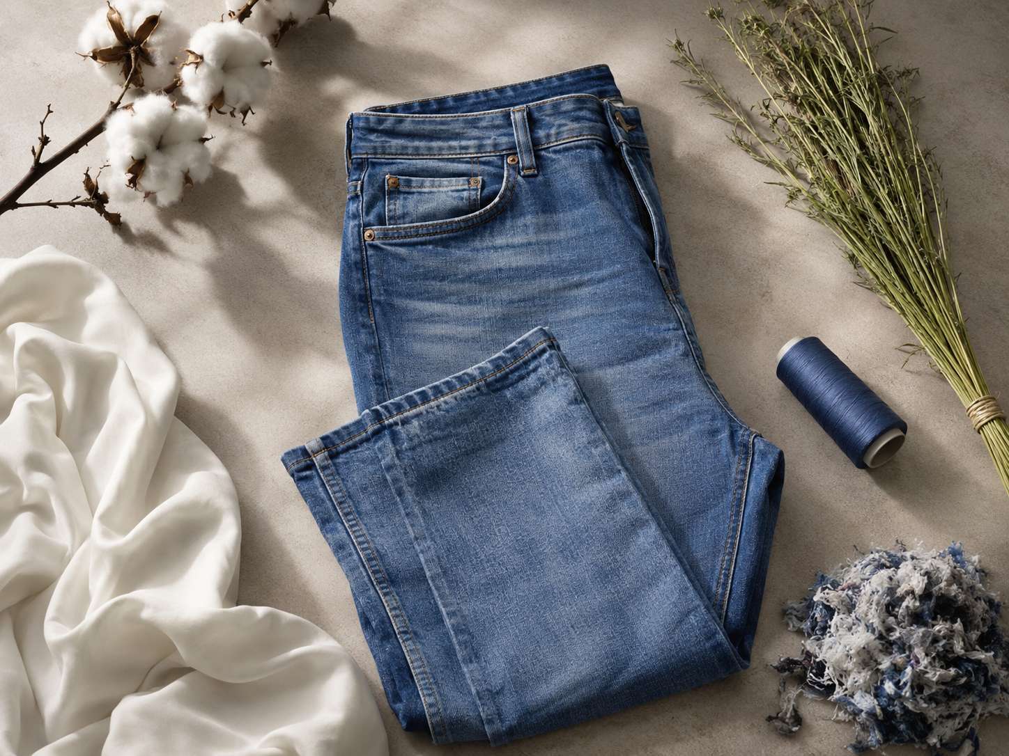 Besides cotton, modern jeans may contain elastane, polyester, recycled fibres, Tencel™ (lyocell), hemp, and viscose. These fibres are added to improve comfort, durability, softness, sustainability, and special performance characteristics depending on the brand’s product positioning.