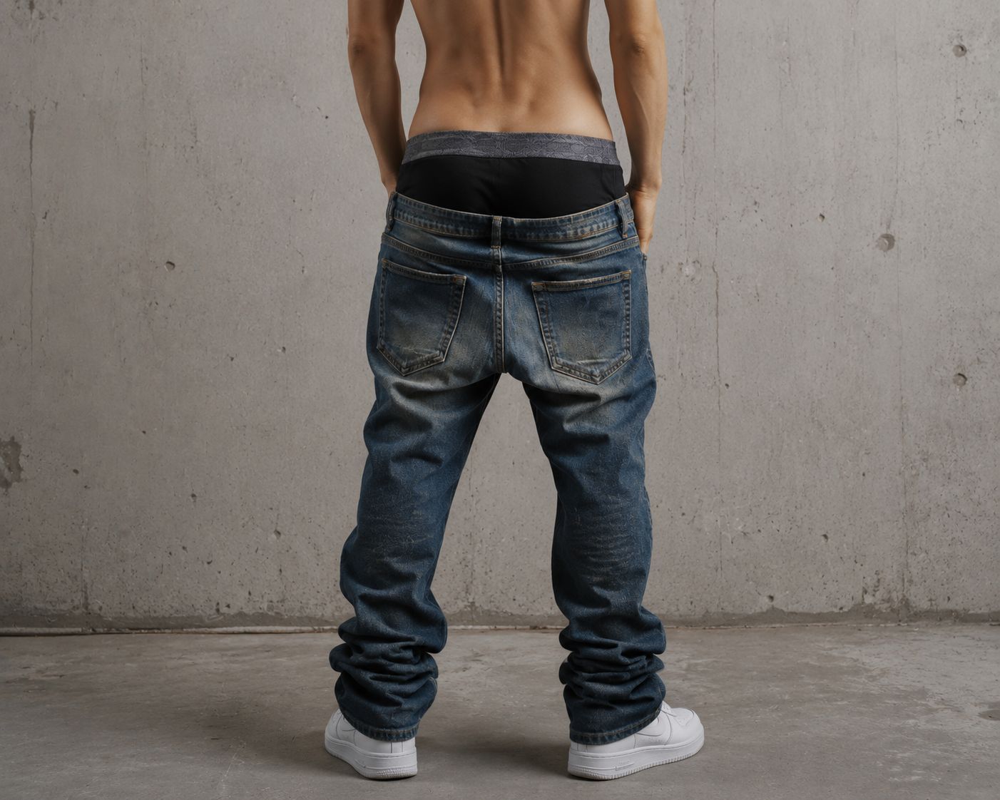 Jeans usually sag or fall down when they are not properly anchored at the waist, hips, or seat. The cause may be a loose waistband
