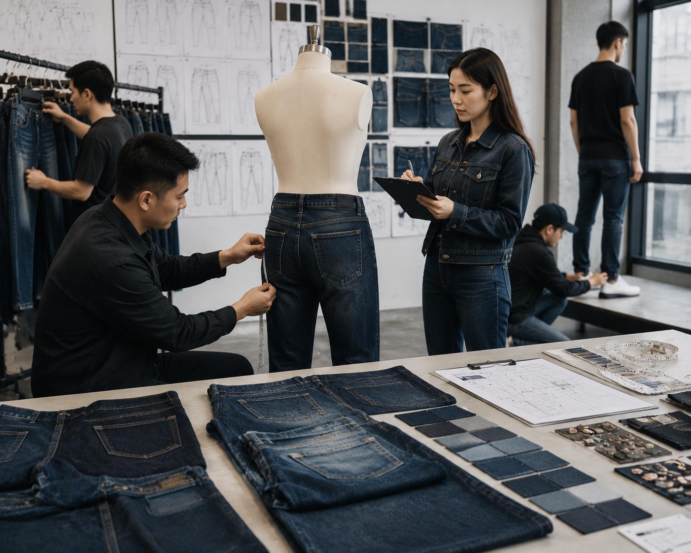 Denim brands can design jeans that do not sag by testing waist, hip, seat, rise, fabric recovery, post-wash shrinkage, waistband gapping, 
