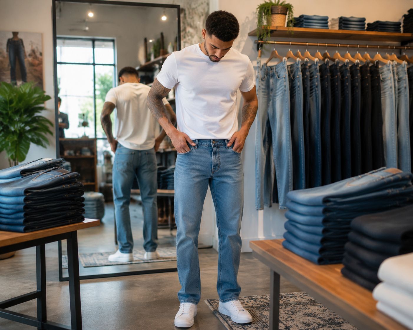 Buying jeans is difficult because denim must fit several body areas at the same time while also matching the shopper